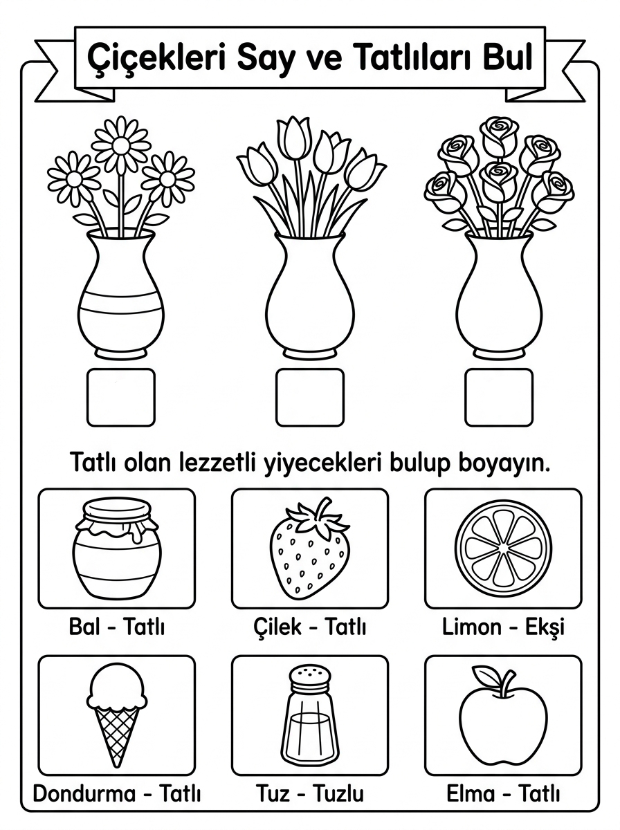 Pembe Rengini Öğreniyorum - 7 Calisma Cicekleri Say Tatlilari Bul (36-48 Ay)