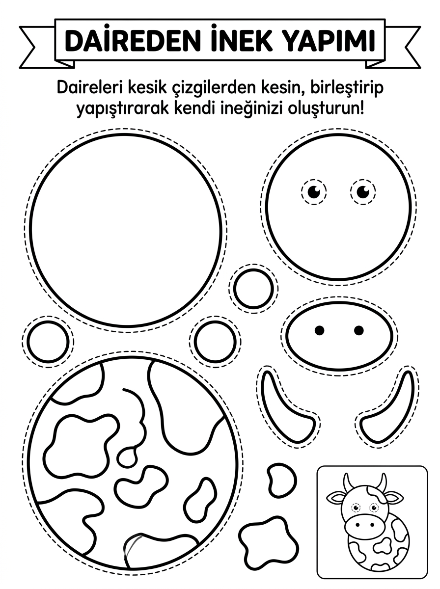 İ Sesini Öğreniyorum - 4 Calisma Daireden Inek Yapimi Kes Yapistir Sablonu (48-60 Ay)