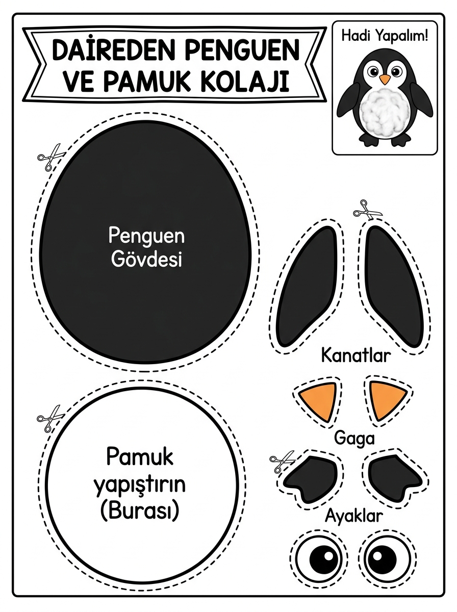 Kutup Hayvanları ve Kutup Ayıları [Penguenleri Ogreniyorum Daired] – 4 Calisma Daireden Penguen Ve Pamuk Kolaji Sablonu (36-48 Ay)
