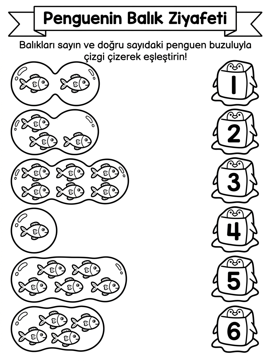 Kutup Hayvanları ve Kutup Ayıları [Penguenleri Ogreniyorum Daired] – 6 Calisma Penguenin Balik Ziyafeti Sayi Eslestirme 1 6 (36-48 Ay)