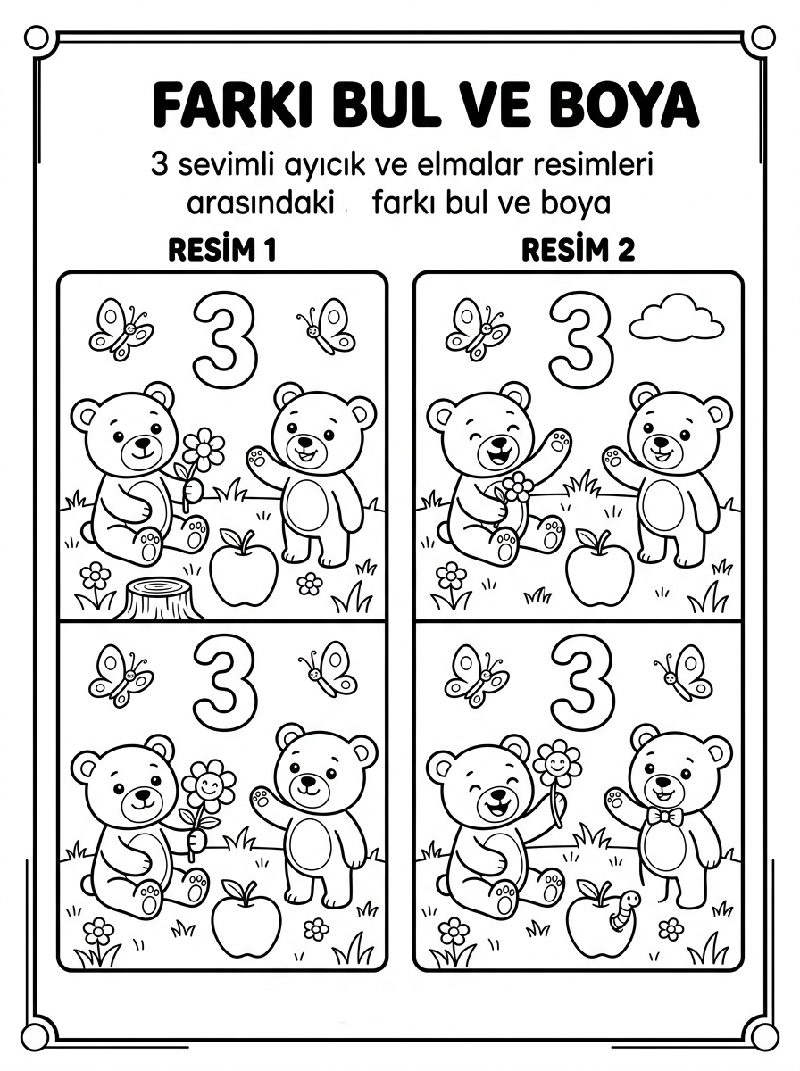 Üç rakamını öğreniyorum - 4 Calisma Farki Bul (36-48 Ay)