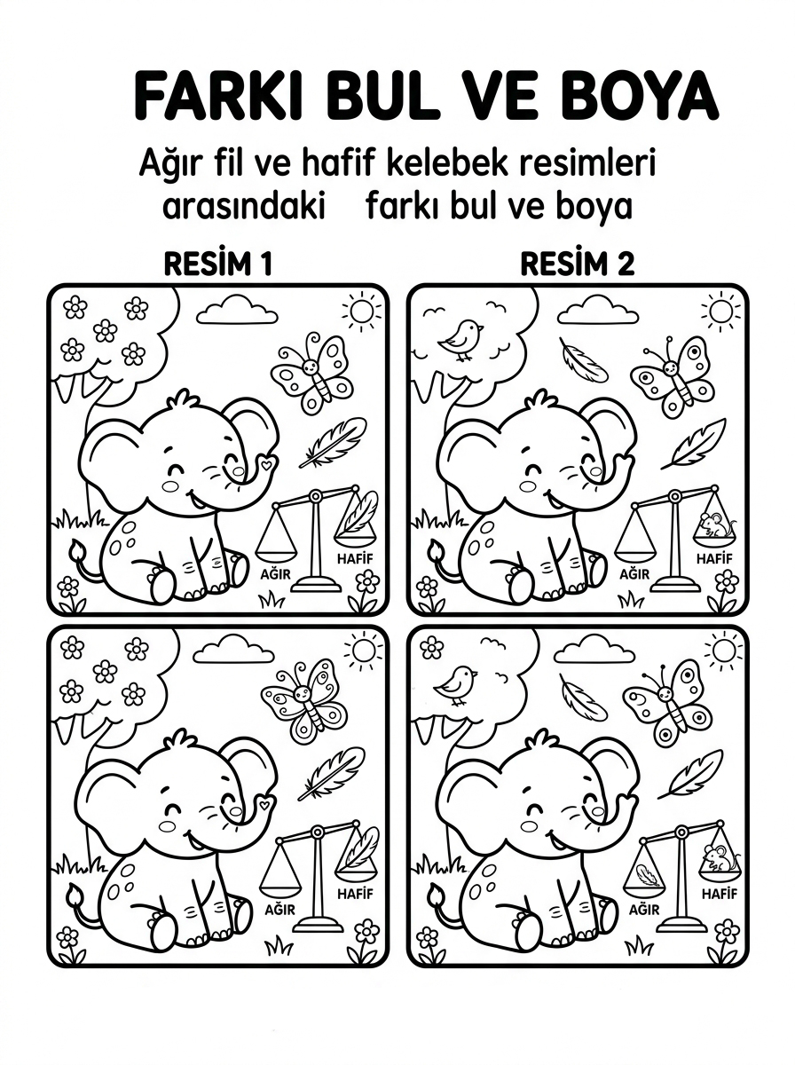 Ağır / Hafif Kavramı + Hikâye Kartı Hazırlama - 4 Calisma Farki Bul (36-48 Ay)