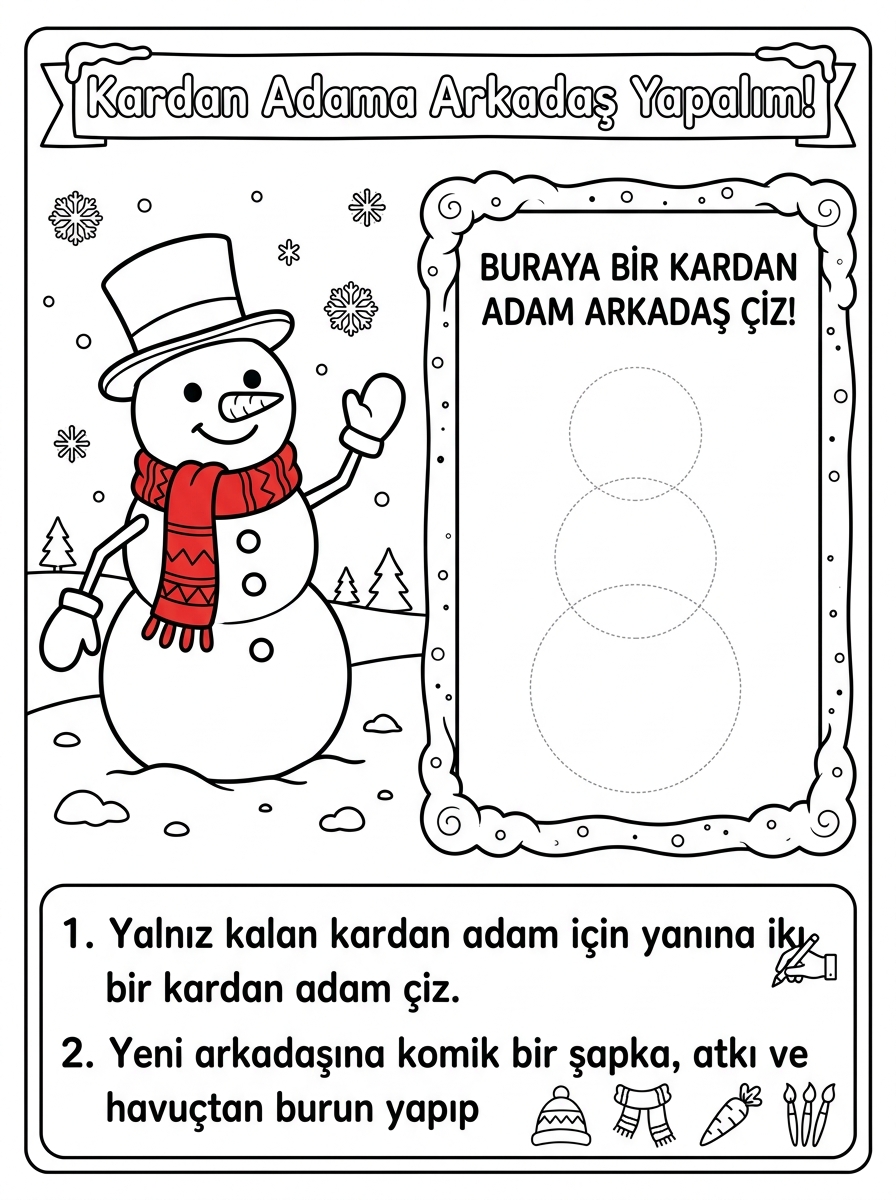 Kış Mevsimi Geldi - 6 Calisma Kardan Adama Arkadas Yapalim Cizim Sablonu (36-48 Ay)