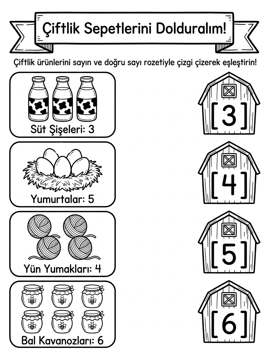 Çiftlik Hayvanlarını ve Yavrularını Öğreniyorum - 6 Calisma Ciftlik Sepetlerini Dolduralim Sayi Eslestirme (36-48 Ay)