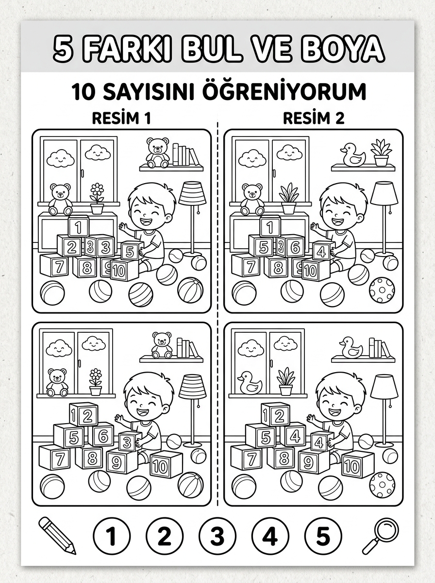 10 Sayısını Öğreniyorum - 4 Calisma Farki Bul (36-48 Ay)