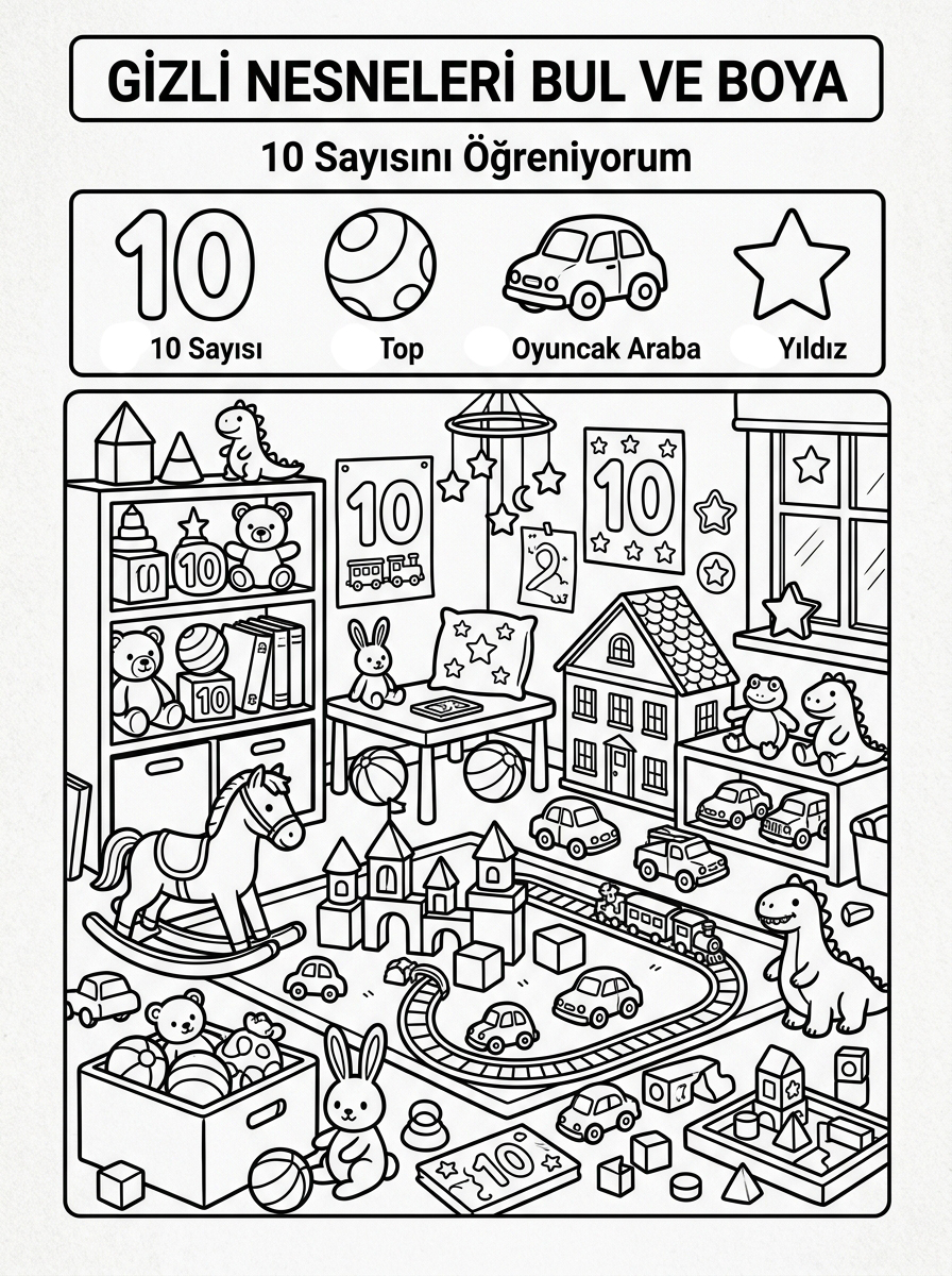 10 Sayısını Öğreniyorum - 5 Calisma Gizli Nesneler (36-48 Ay)