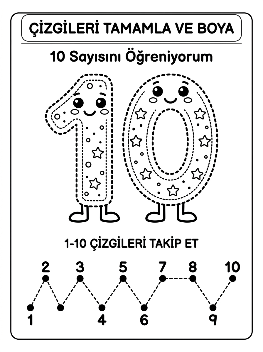 10 Sayısını Öğreniyorum - 7 Calisma Cizgi Takip (36-48 Ay)