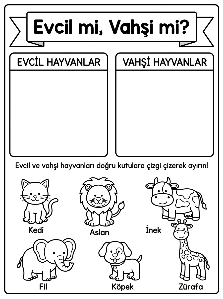 Kedileri Tanıyorum ve Hayvanları Koruyorum [Ormanlardaki Hayvanlar Kahrama] – 4 Calisma Evcil Mi Vahsi Mi Hayvan Ayrimi (36-48 Ay)
