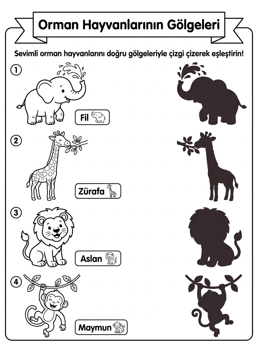 Kedileri Tanıyorum ve Hayvanları Koruyorum [Ormanlardaki Hayvanlar Kahrama] – 6 Calisma Orman Hayvanlarinin Golgeleri Eslestirme (36-48 Ay)