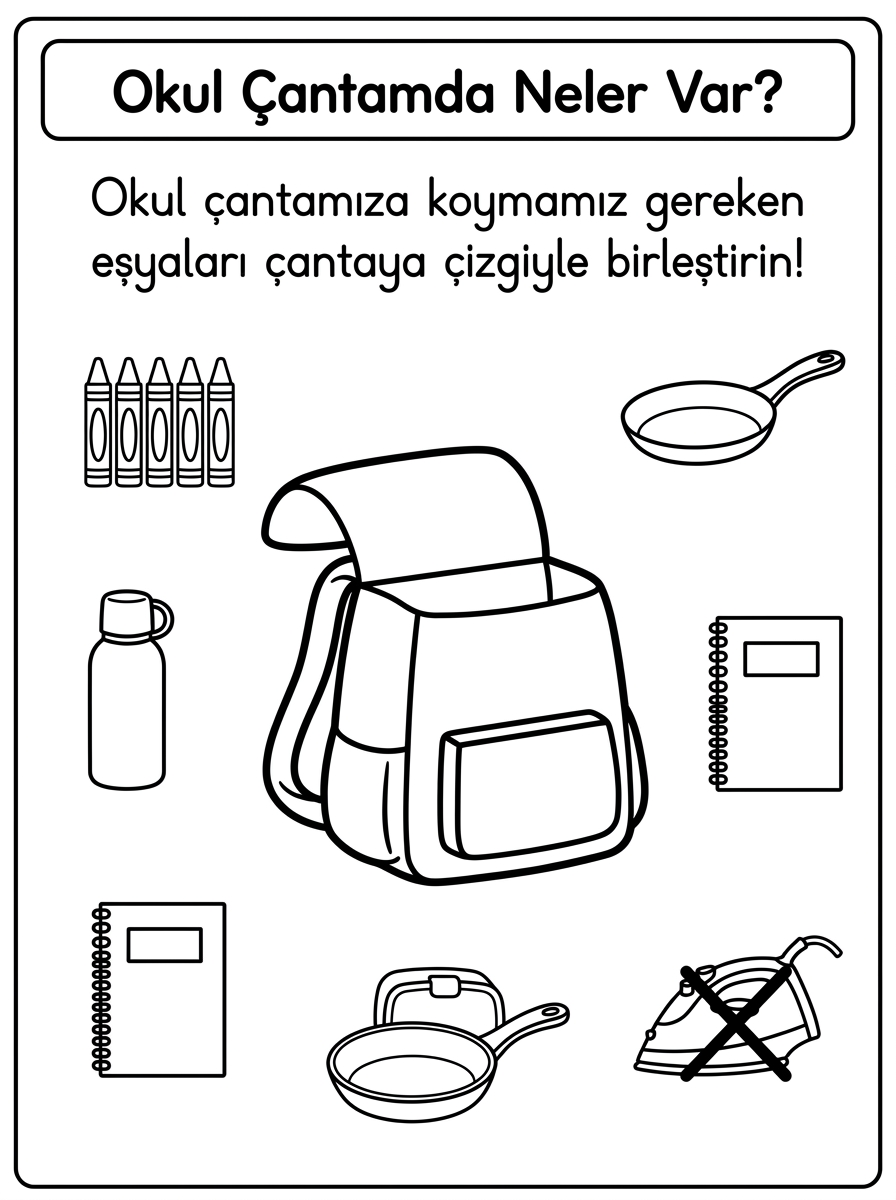 18-24 Mart Yaşlılara Saygı Haftası – Baş Tacı Büyüklerimiz - 4 Calisma Okul Cantamda Neler Var Eslestirme (36-48 Ay)