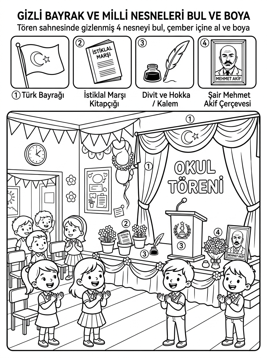 12 Mart İstiklâl Marşı'nın Kabulü ve Mehmet Akif Ersoy - 5 Calisma Gizli Nesneler (48-60 Ay)