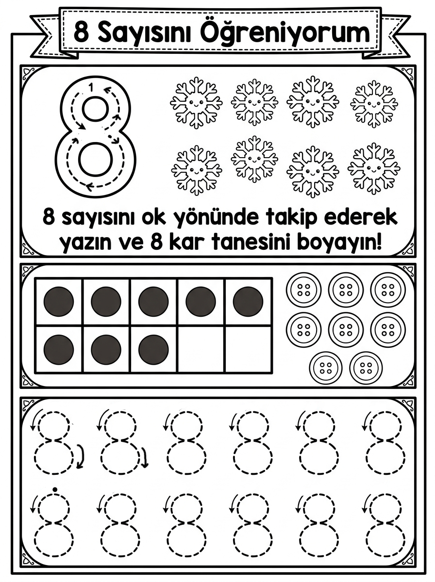 Kedileri Tanıyorum ve Hayvanları Koruyorum [Kar Geldi 8 Sayisi Kardan Adam] – 4 Calisma 8 Sayisini Ogreniyorum Onluk Cerceve Yazma (36-48 Ay)