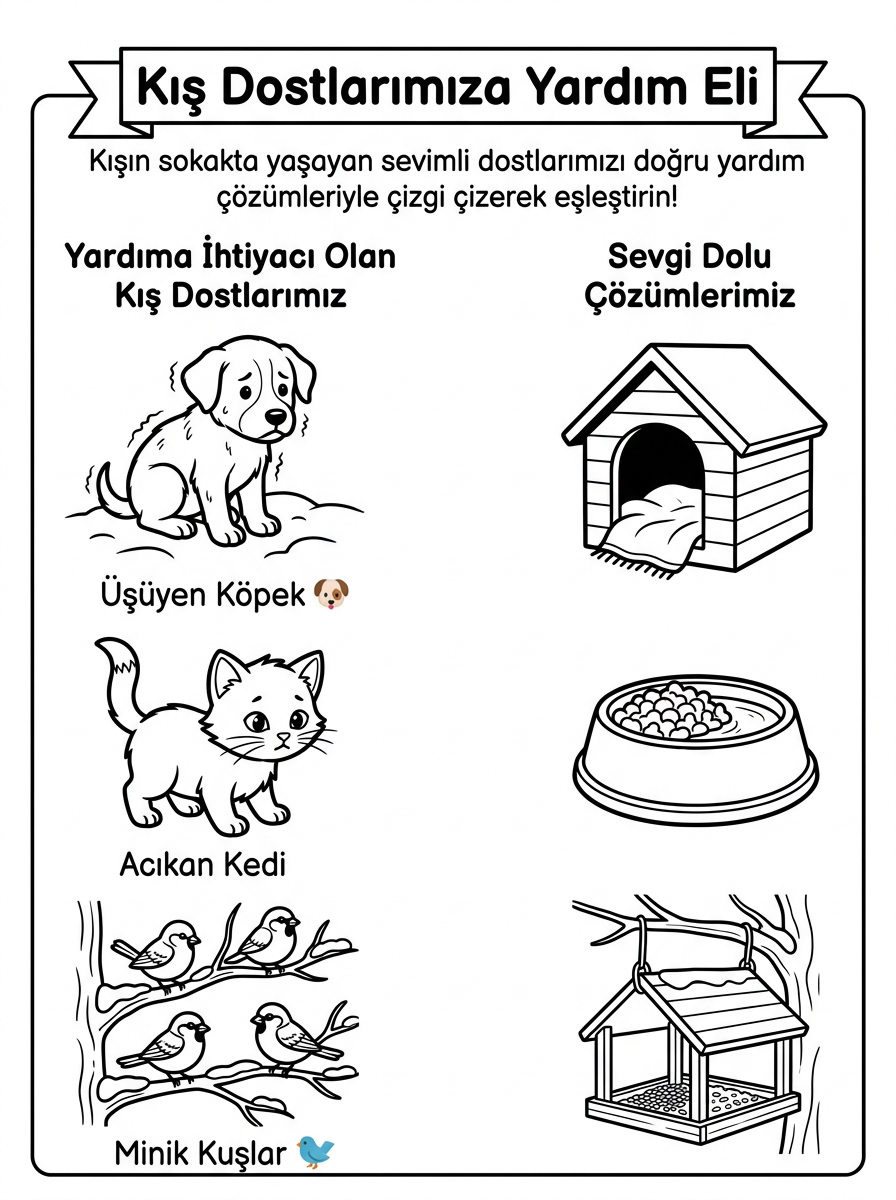 Kedileri Tanıyorum ve Hayvanları Koruyorum [Kar Geldi 8 Sayisi Kardan Adam] – 6 Calisma Kis Dostlarimiza Yardim Eli Eslestirme (36-48 Ay)