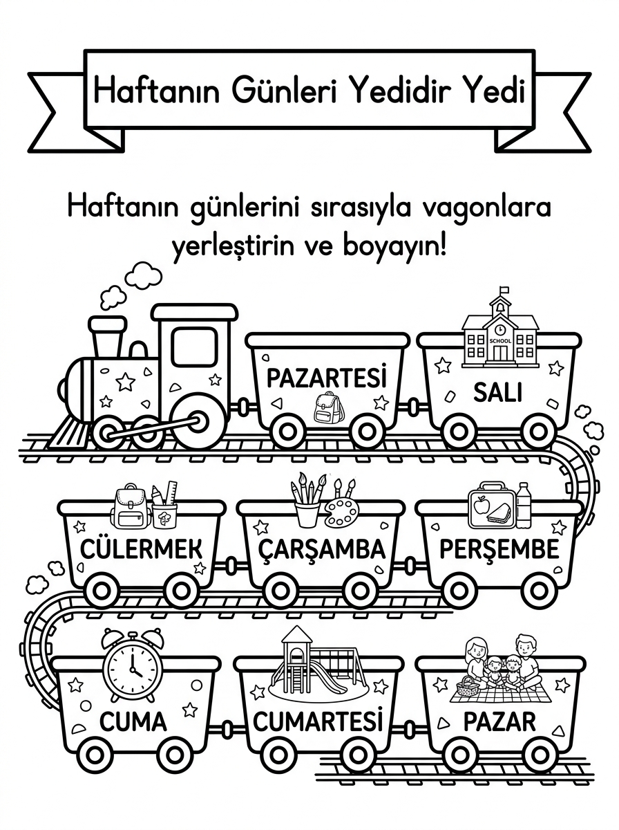 Haftanın Günlerini Öğreniyorum [Haftanin Gunleri Yedidir Yedi ] – 4 Calisma Haftanin Gunleri Treni Siralama (48-60 Ay)