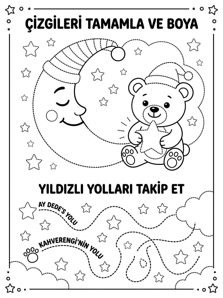 Kahverengi Renk Keşfi ve Ay Dede Oyunu - 7 Calisma Cizgi Takip (36-48 Ay)
