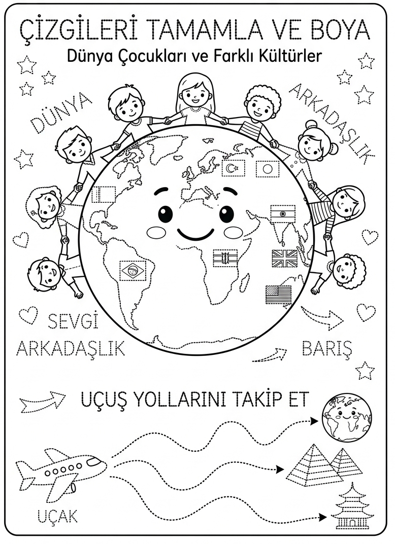 Dünya Ülkelerini Tanıyorum / Farklı Kültürler - 7 Calisma Cizgi Takip (36-48 Ay)