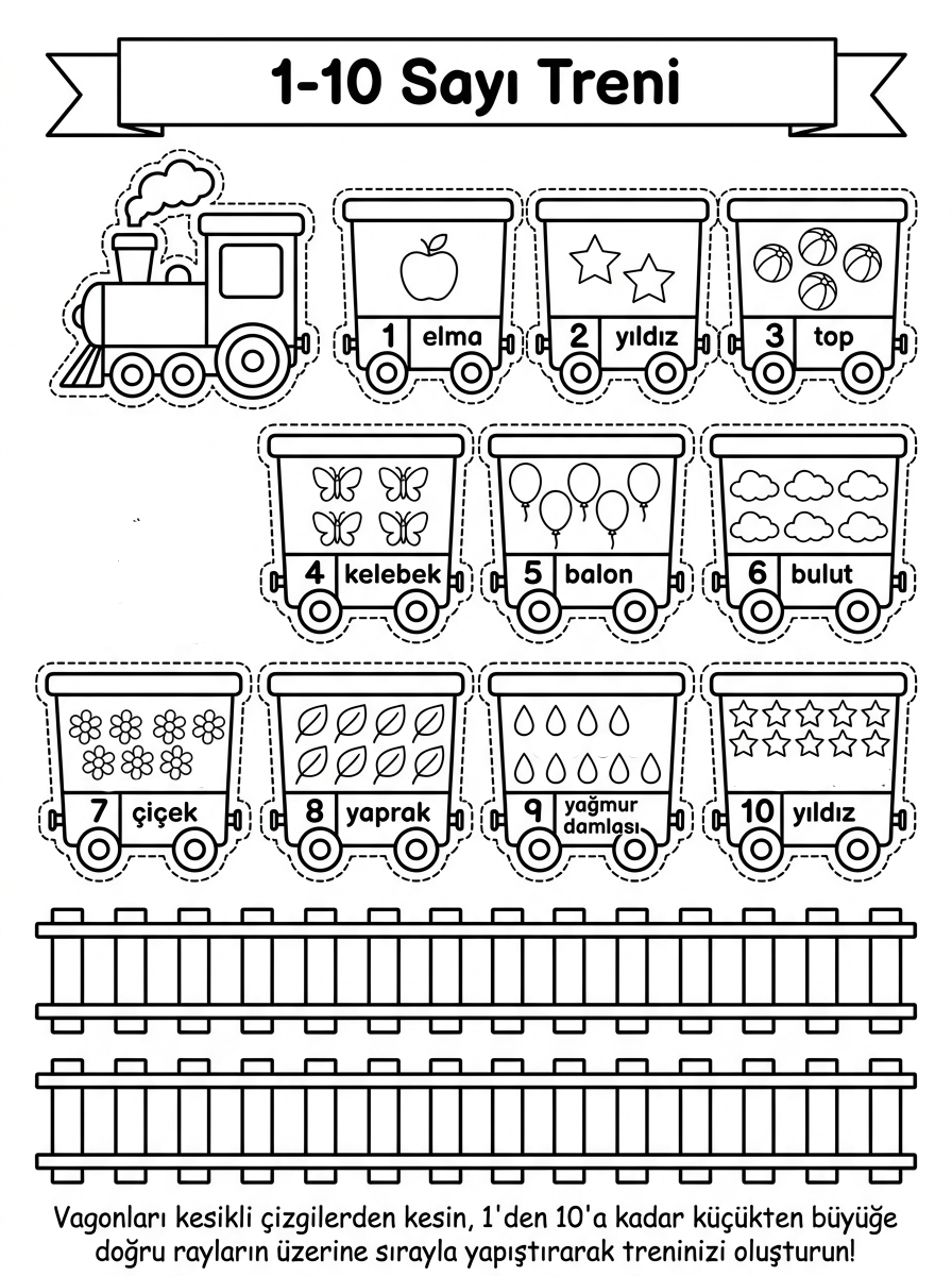 10'ar Ritmik Sayma ve Dürüstlük - 6 Calisma 1 Den 10 A Sayi Treni Kes Yapistir Sablonu (36-48 Ay)