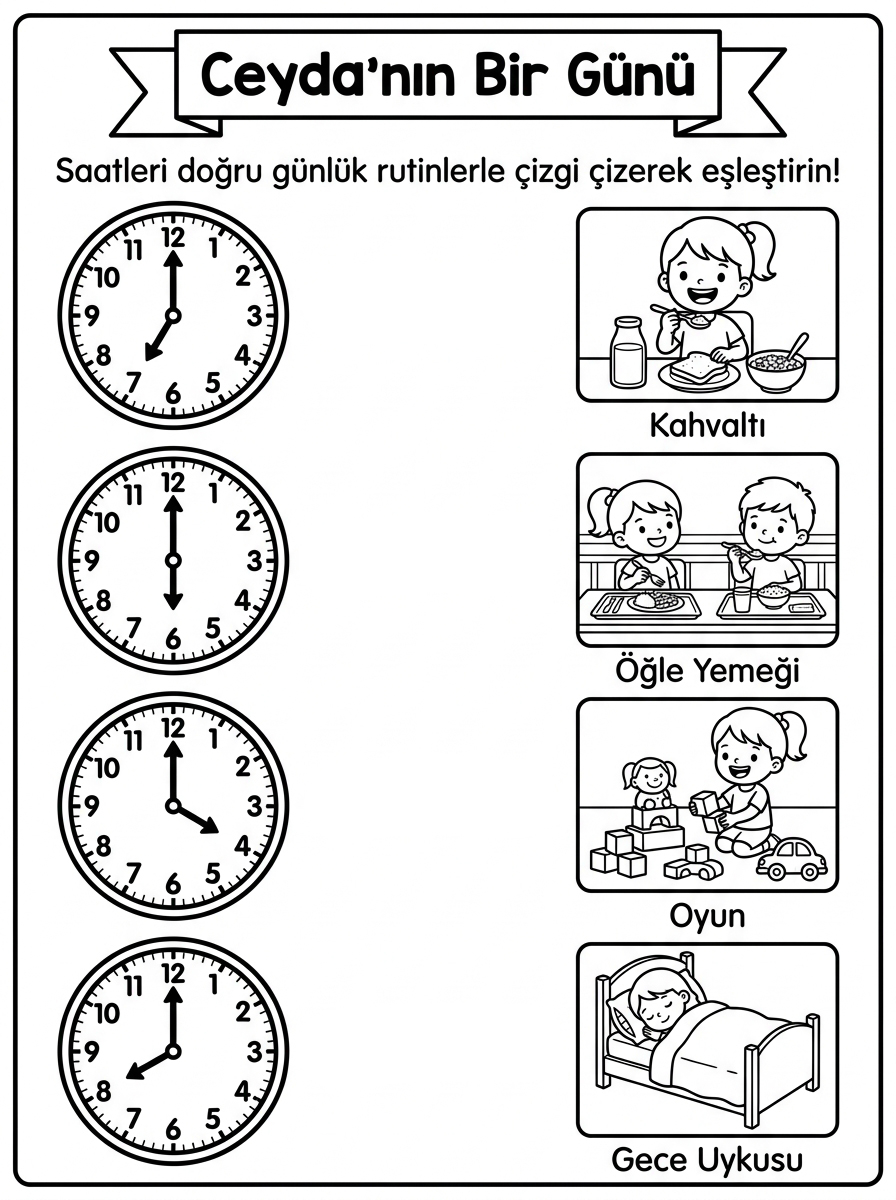 Saat Kaç? – Zaman Kavramı - 4 Calisma Ceydanin Bir Gunu Saat Ve Rutin Eslestirme (36-48 Ay)