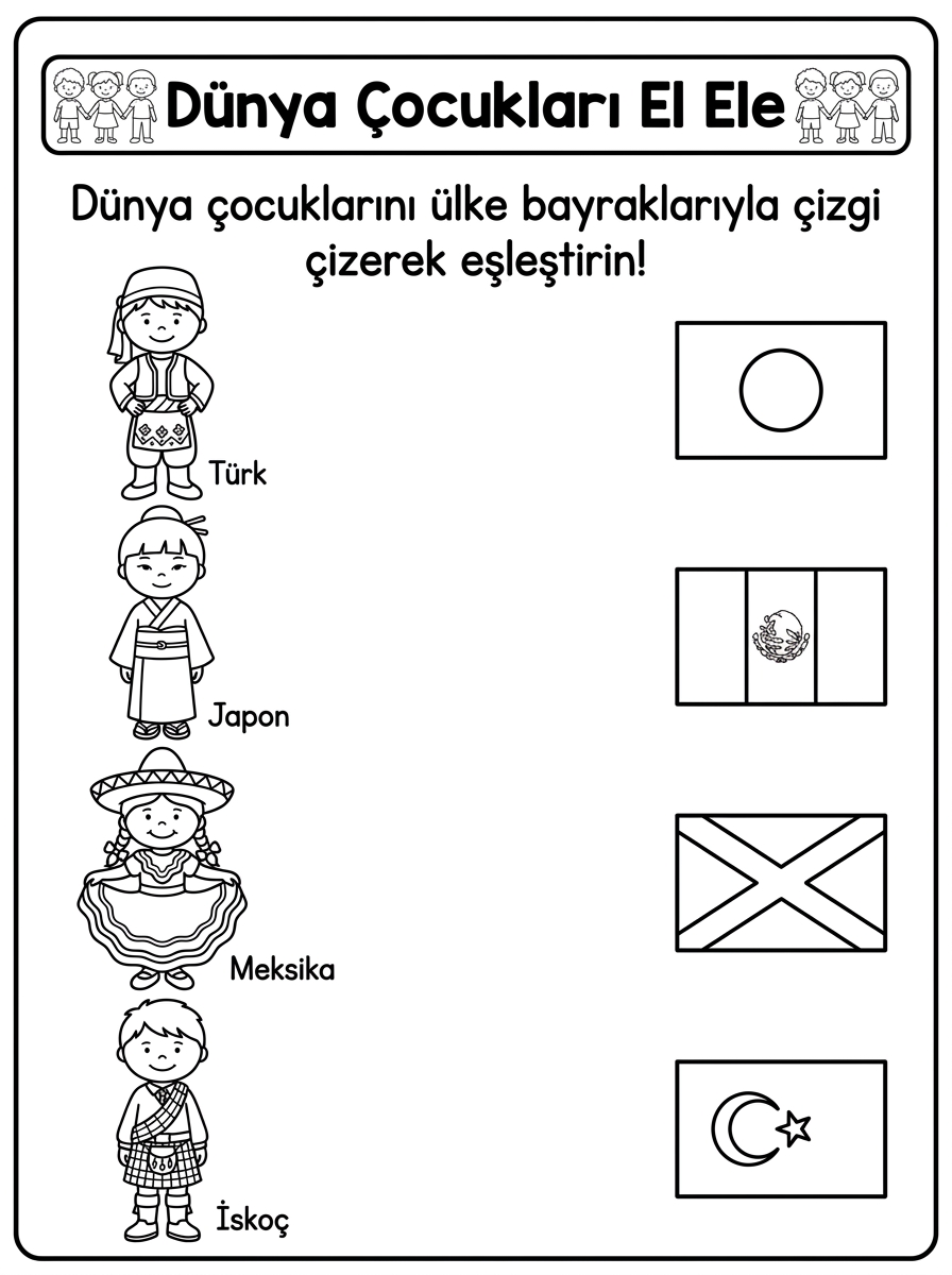 23 Nisan ve Farklı Ülke Çocukları - 4 Calisma Dunya Cocuklari El Ele Bayrak Eslestirme (36-48 Ay)