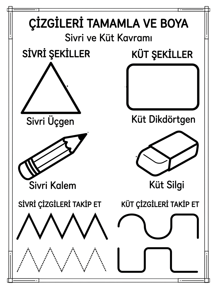 Sivri / Küt Kavramını Öğreniyorum - 7 Calisma Cizgi Takip (36-48 Ay)