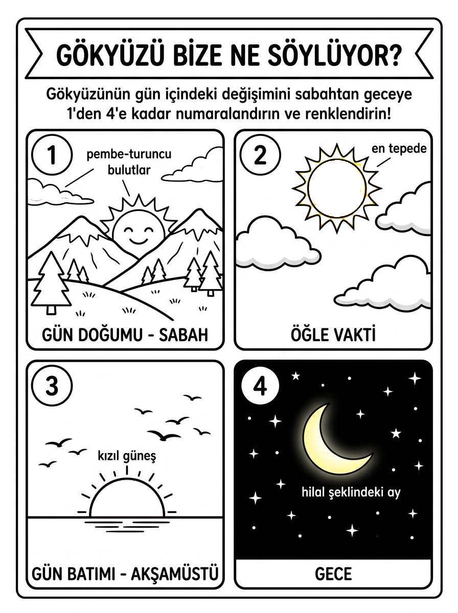 Tam / Yarım Kavramı + Buçuklu Saatleri Öğreniyorum - 5 Calisma Gokyuzu Bize Ne Soyluyor Siralamasi (36-48 Ay)