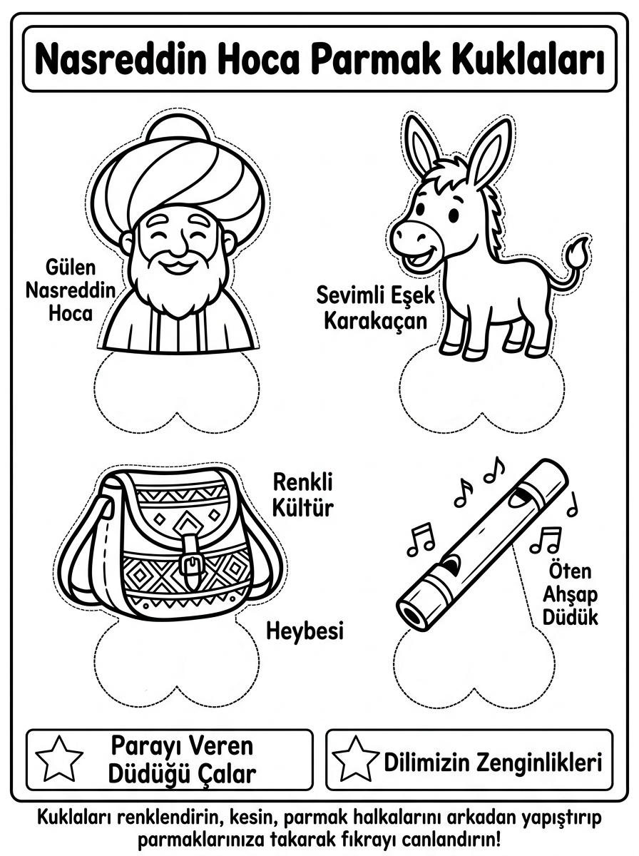 Yakın / Uzak Kavramı + Köstebek - 6 Calisma Nasreddin Hoca Ve Karakacan Parmak Kuklalari Kes Yapistir Sablonu (36-48 Ay)
