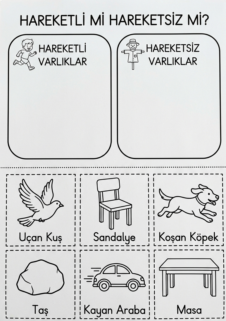 Hareketli / Hareketsiz + Korkuluk - 4 Calisma Sayfasi (36-48 Ay)