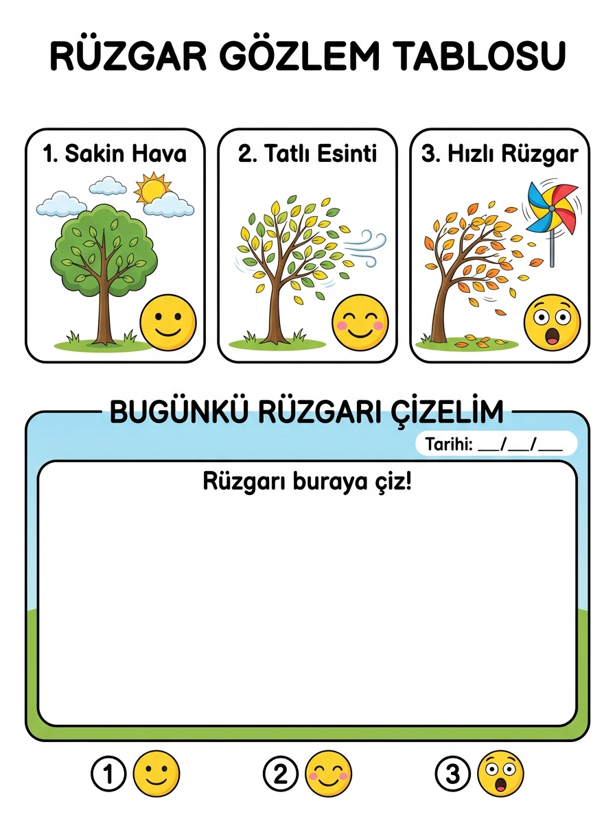 Rüzgar Gözlem Tablosu - 3 Seviyeli Fen ve Doğa Gözlem Çizelgesi