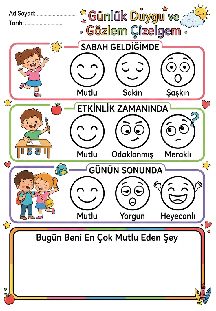 Günlük Duygu ve Gözlem Çizelgem - Duygusal Öz Farkındalık Çizelgesi