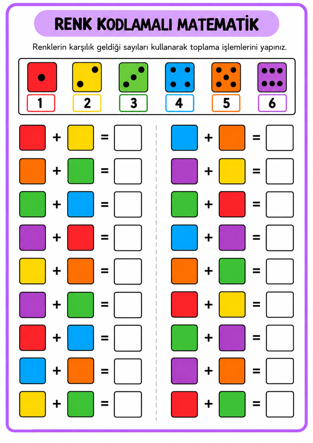 Renk Kodlamalı Matematik ÇAlışMa Sayfası