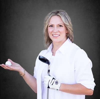 Dental Hygienist, Lori wearing a golfing glove, holding golf clubs and a gold ball.