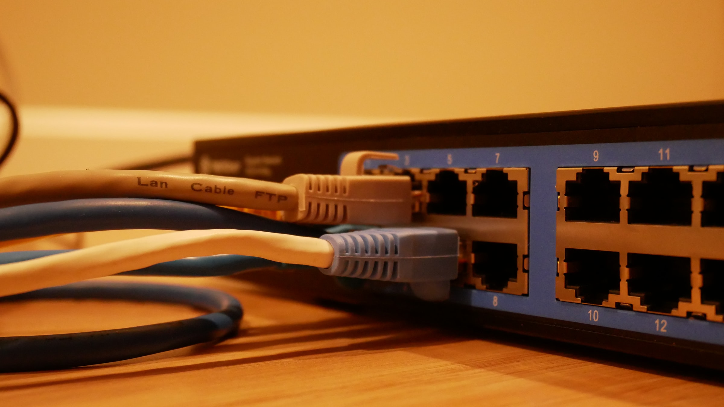 A ethernet cables connecting to a hub.