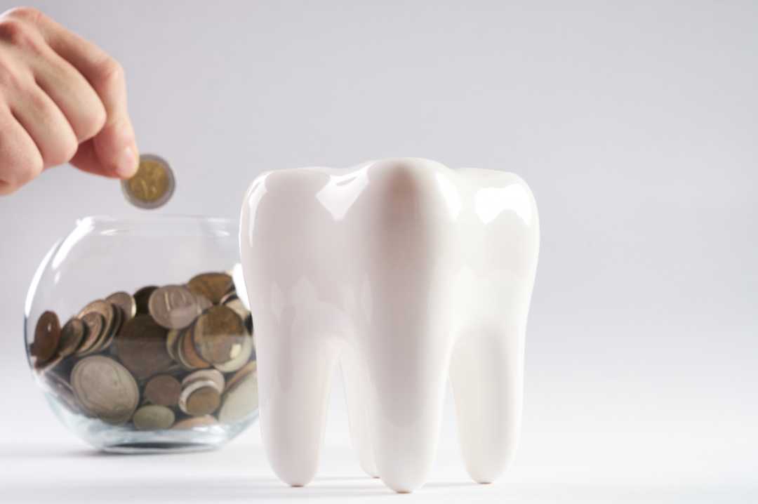 A model of a tooth sitting next to a jar of coins.