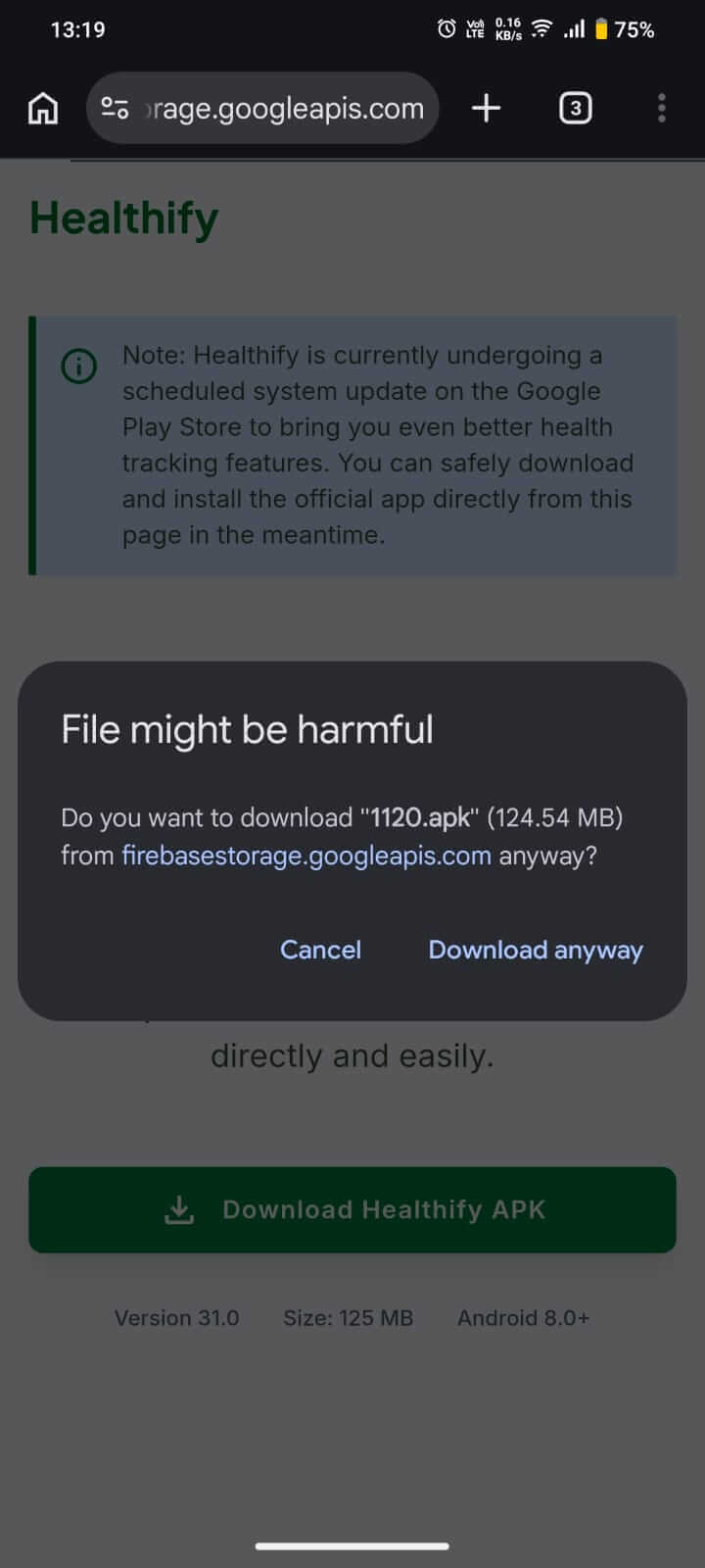 Download warning dialog showing Download anyway option