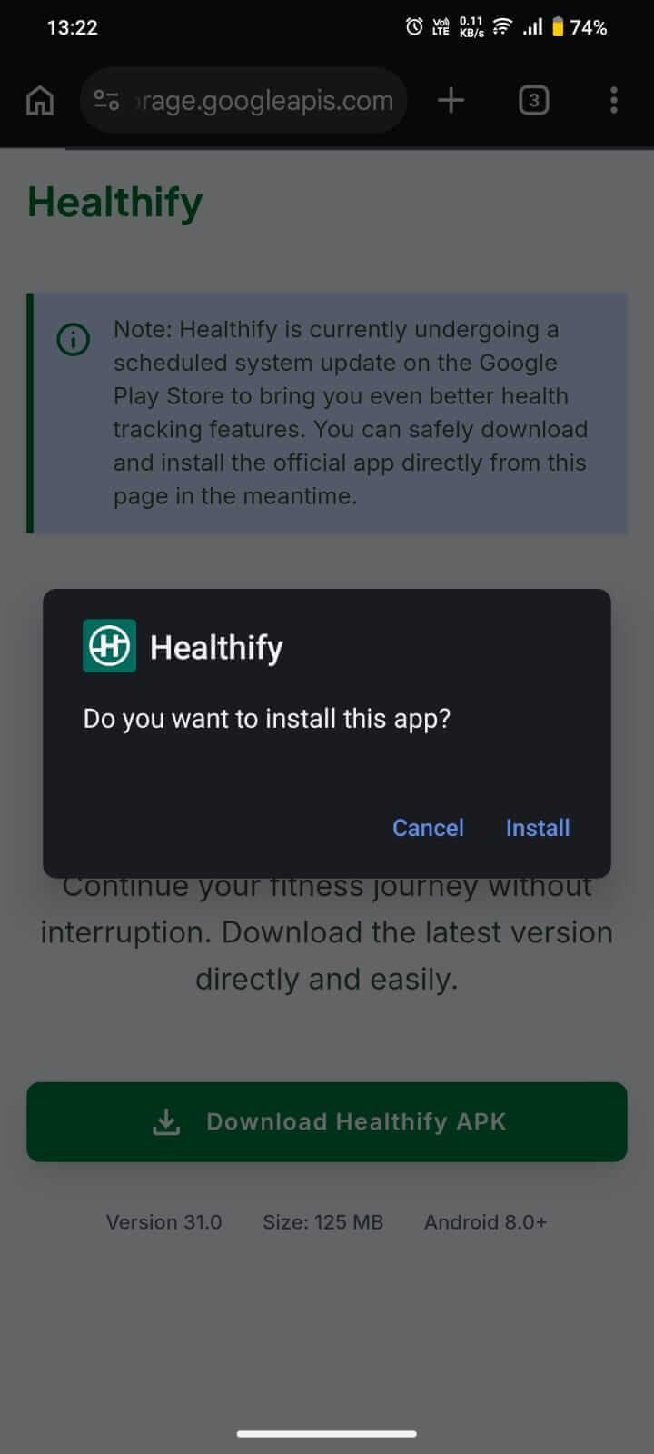 Confirm installation permission dialog screen