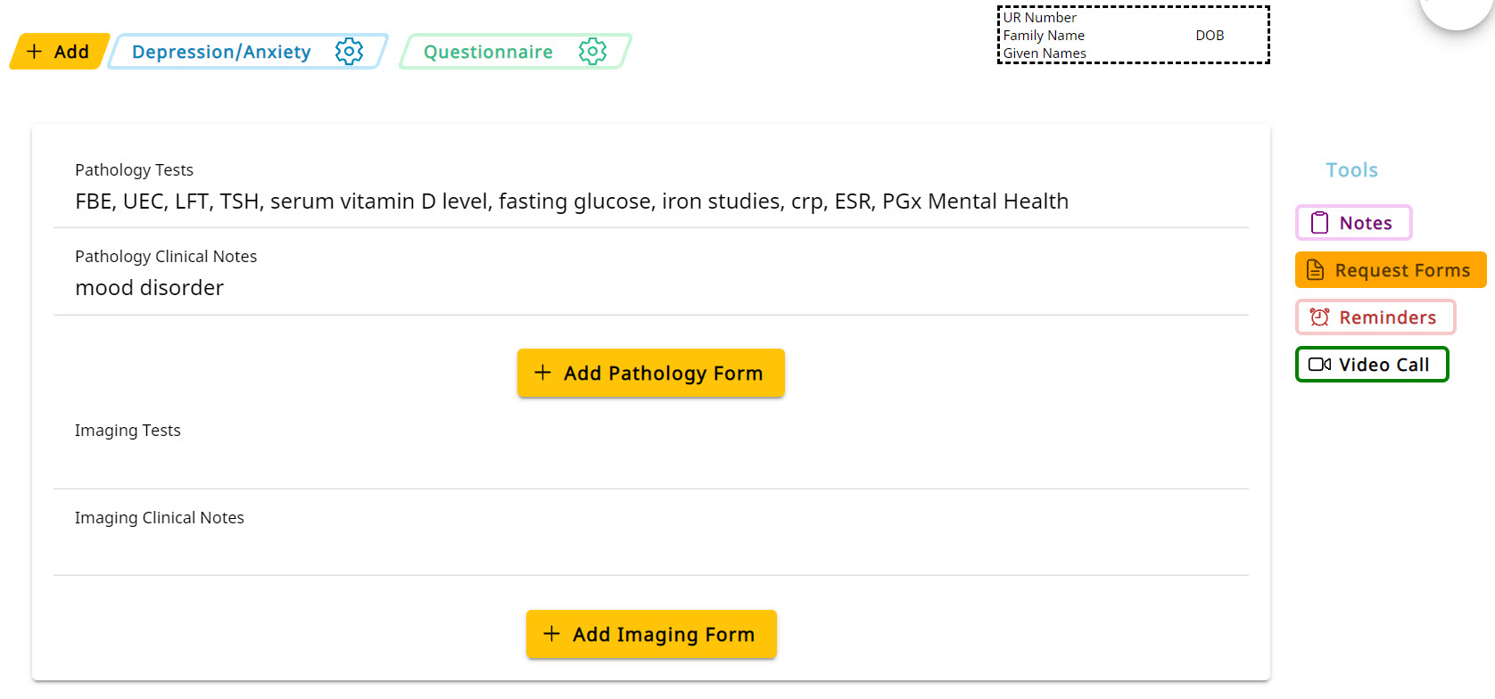 Screenshot of pathology test to order on app