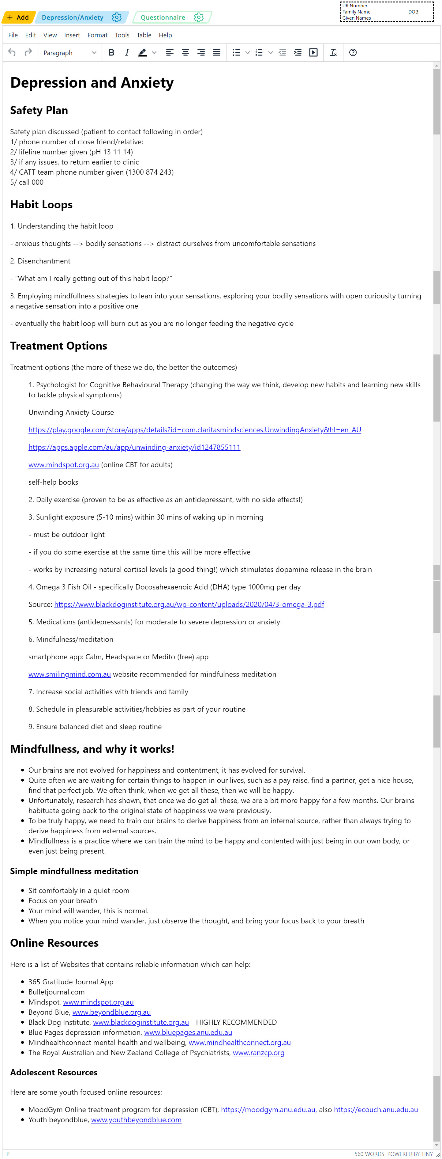 Screenshot of Depression and Anxiety management plan on app