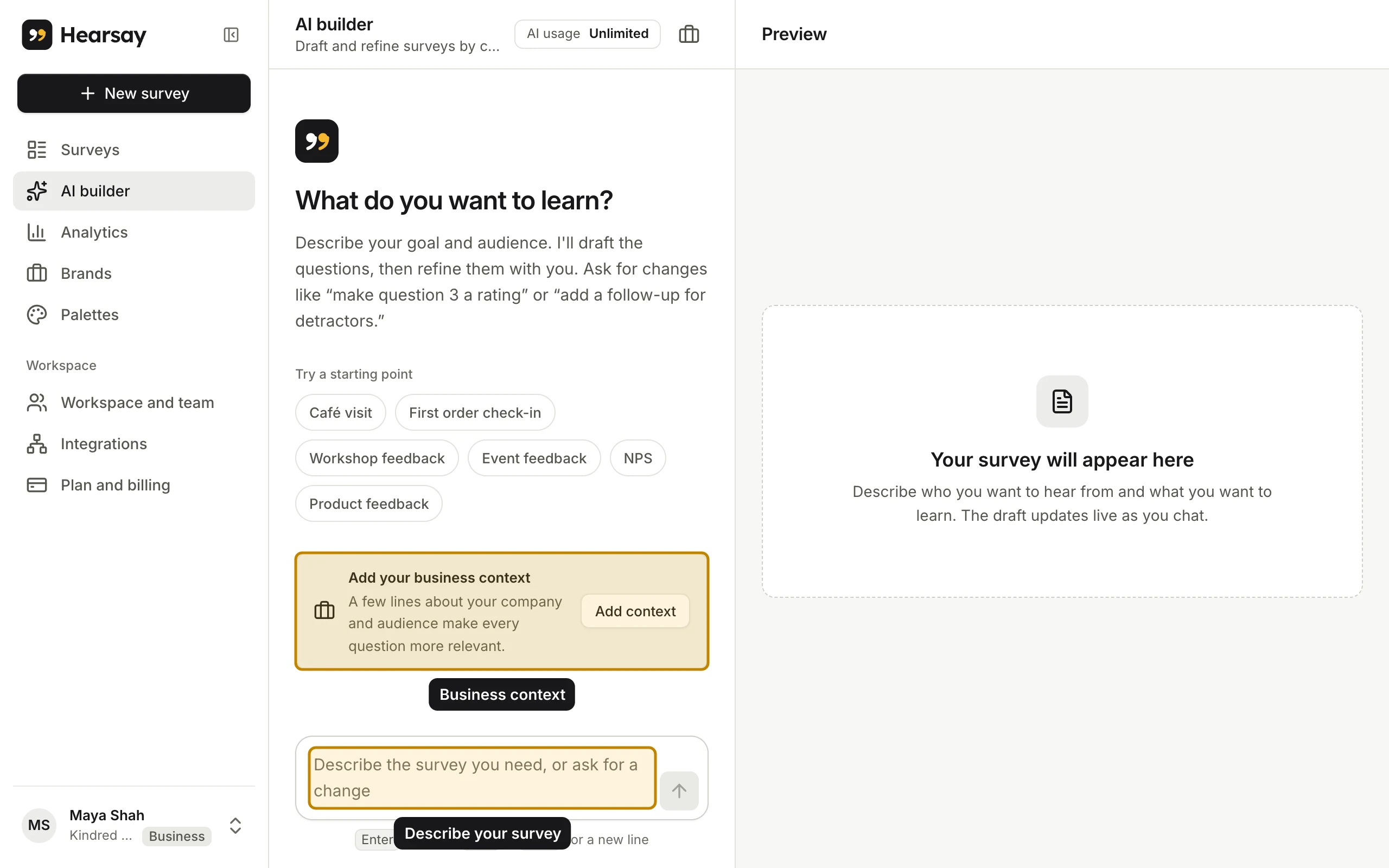 The AI builder: describe the survey you need and the draft appears beside the chat