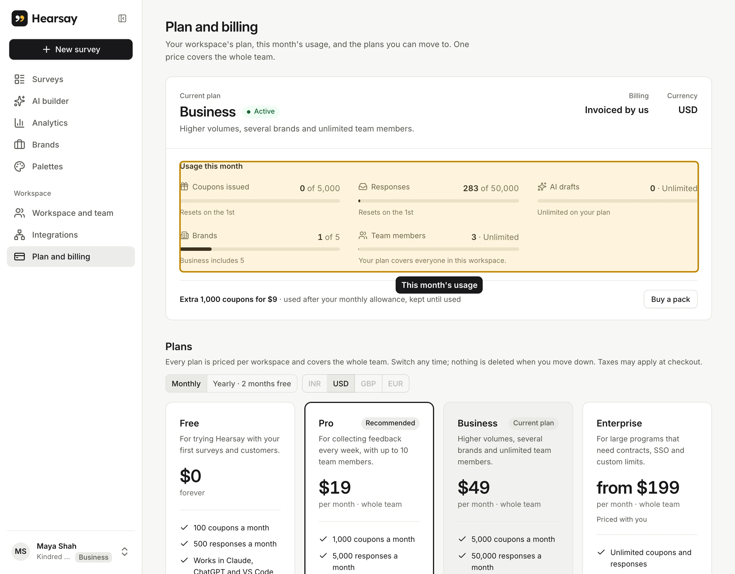 The Plan and billing page: current plan, usage this month and the plans to choose from