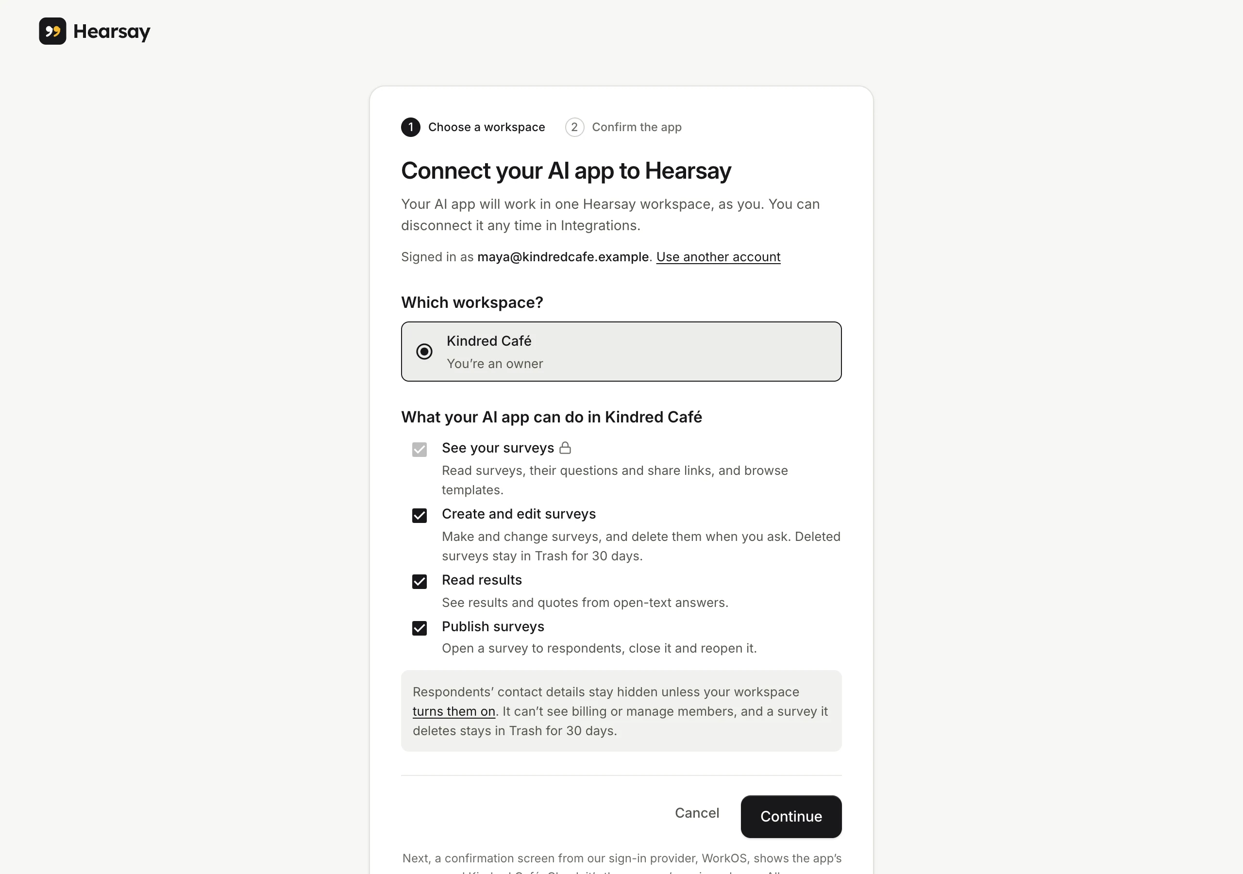 The Connect page an AI app opens: choose the workspace and what the app can do