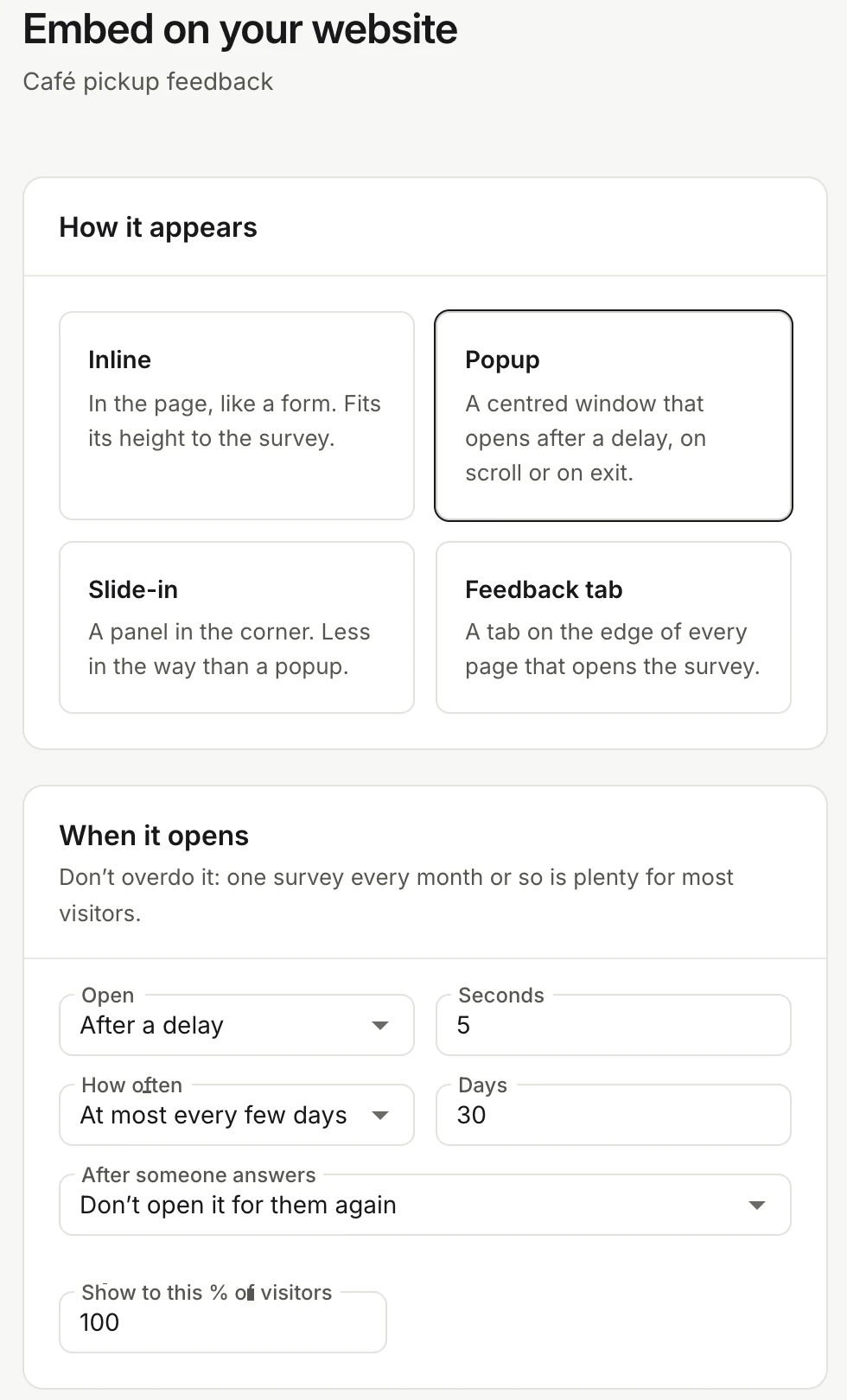 The Embed on your website page with the popup chosen, its triggers and the code to copy