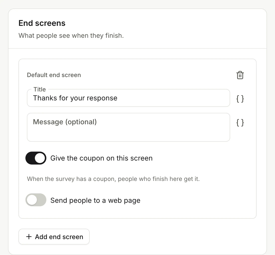 The End screens section of the editor, with a title, a message and the coupon switch