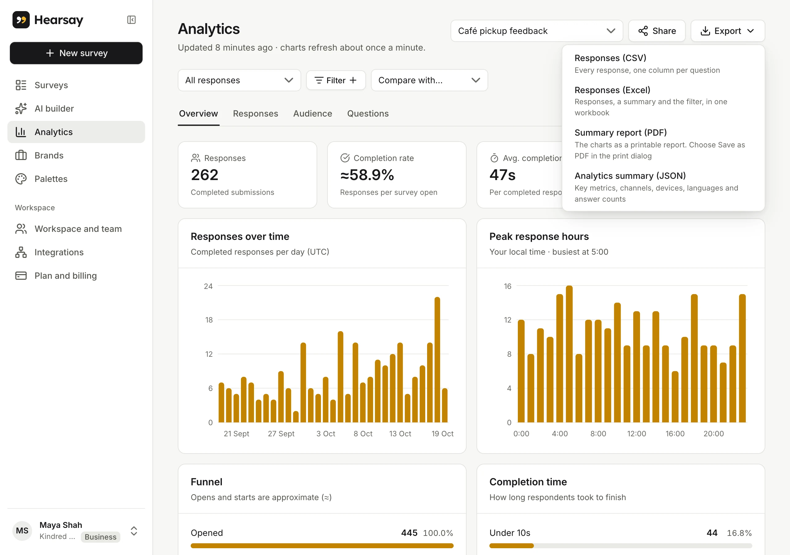 The Export menu: responses as CSV or Excel, a PDF summary report and a JSON summary