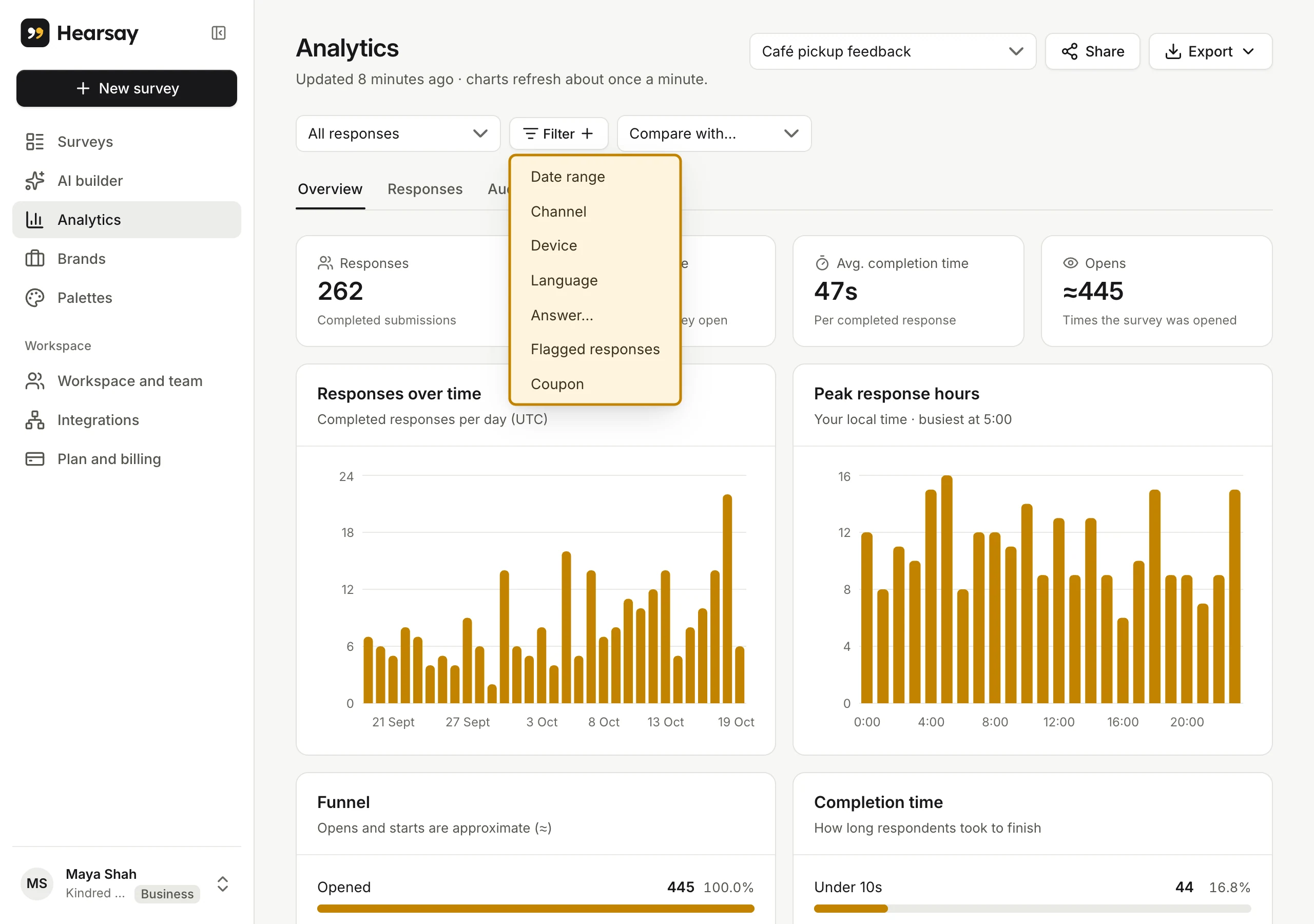 The Filter menu: date range, channel, device, answers, link fields and more