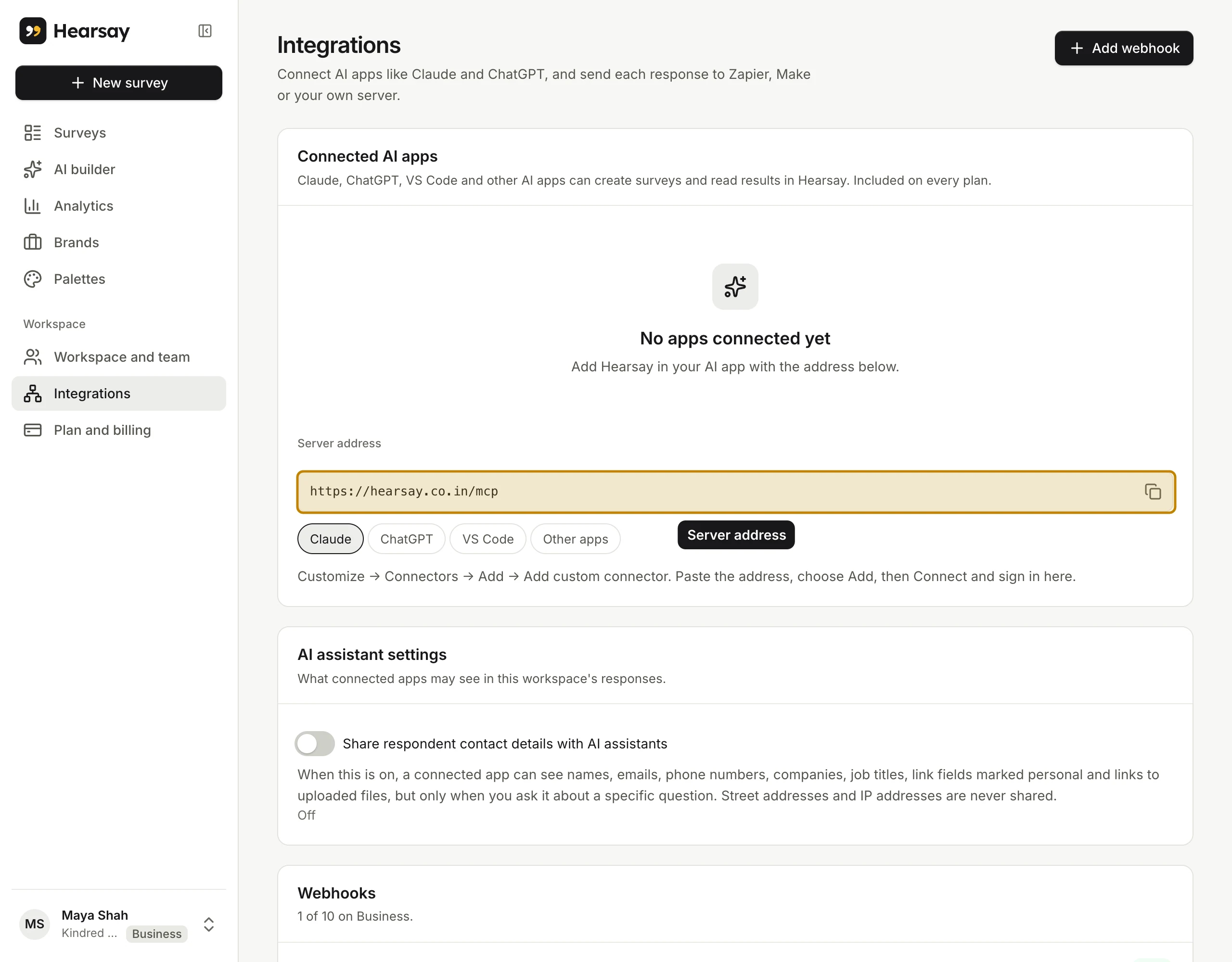 The Integrations page: connected AI apps, the server address, and webhooks