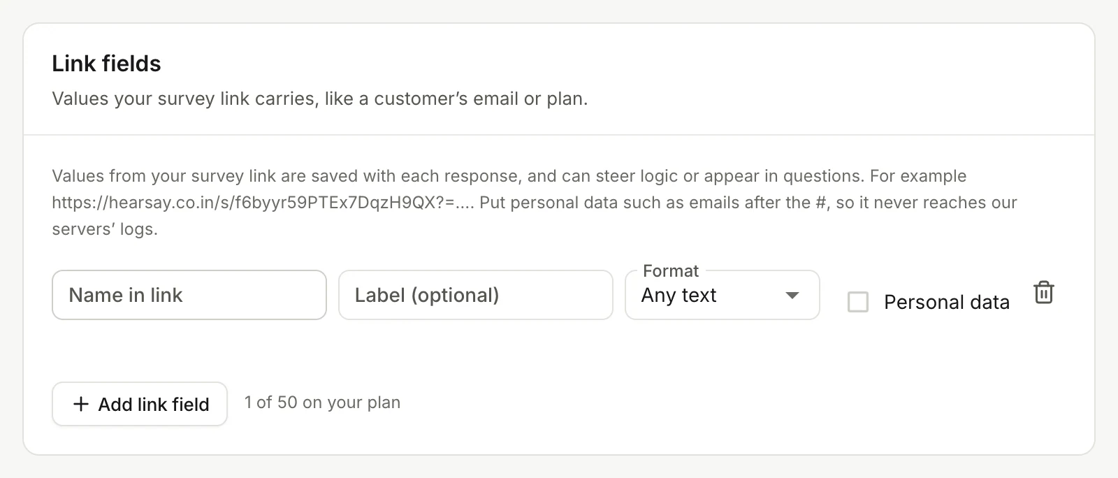 The Link fields section: names in the link, labels, format and the personal data checkbox