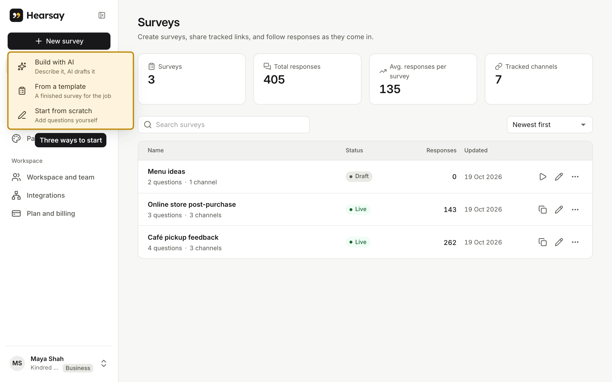 The New survey menu: Build with AI, From a template, Start from scratch