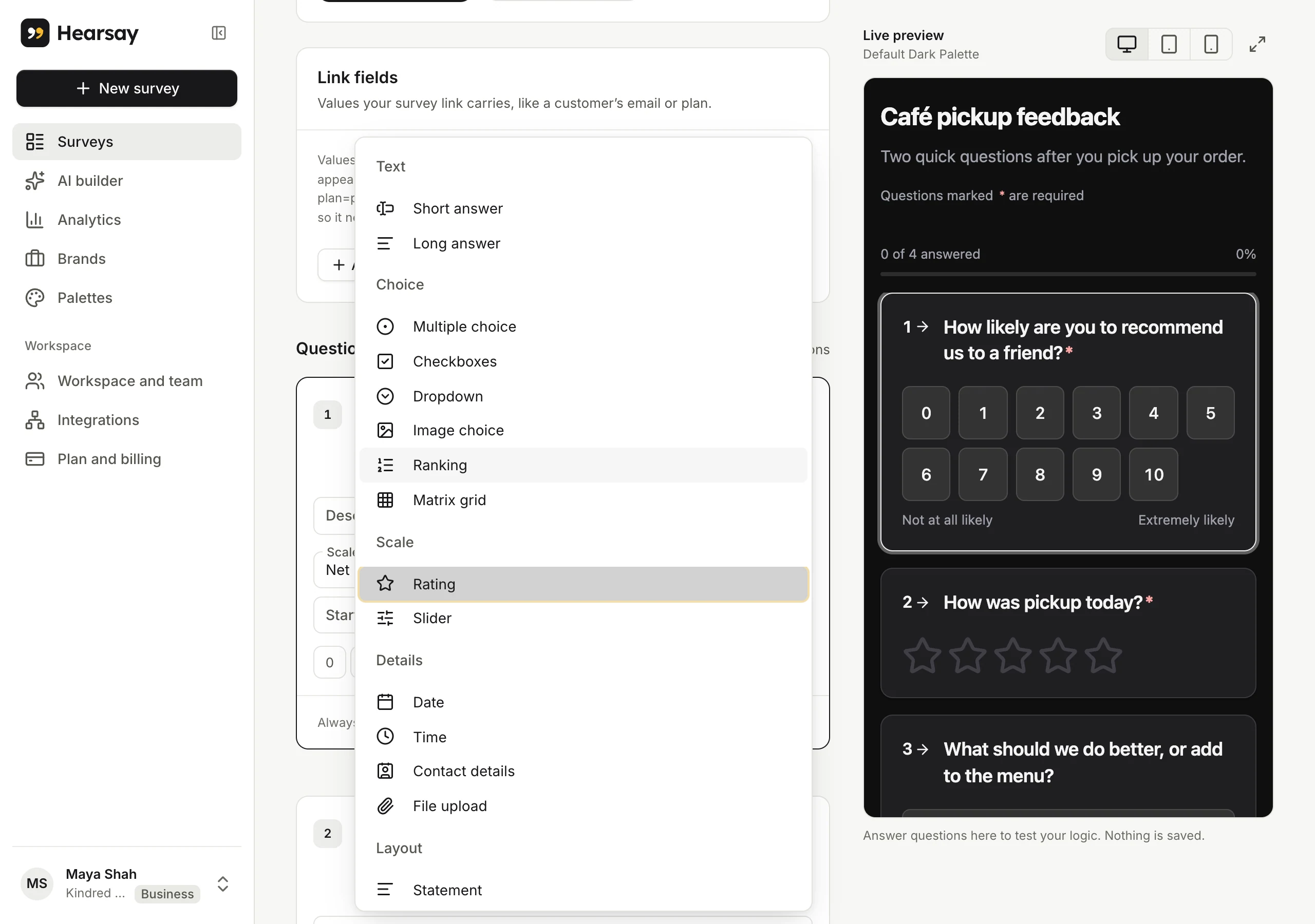 The question type menu, grouped into Text, Choice, Scale, Details and Layout
