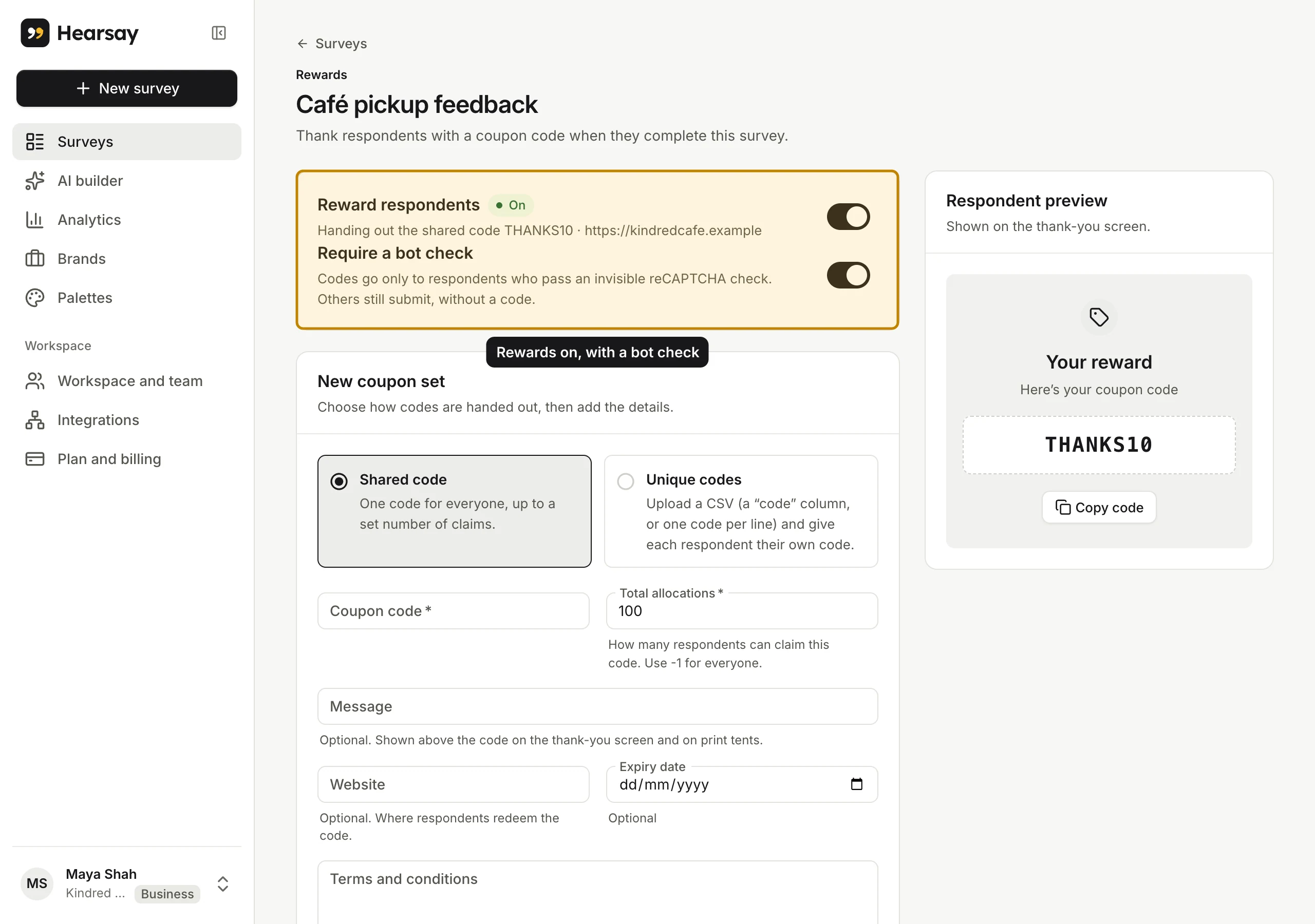 The Rewards page for the café survey: the reward switch, the bot check and the coupon set