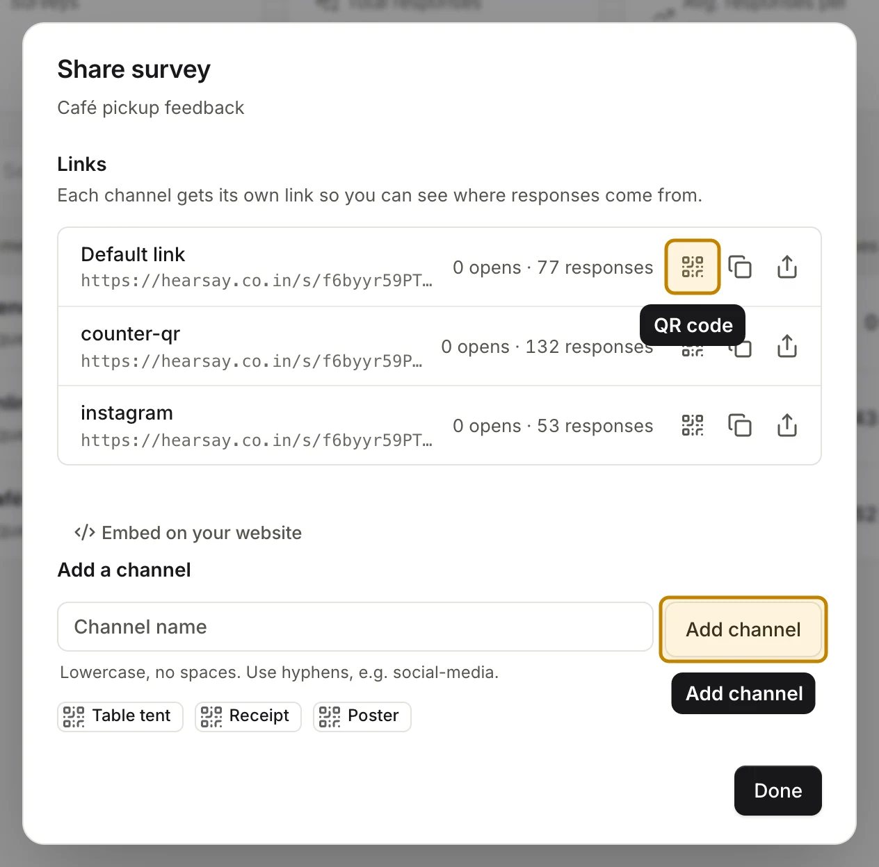 The Share survey dialog: the default link and one link per channel, with opens and responses